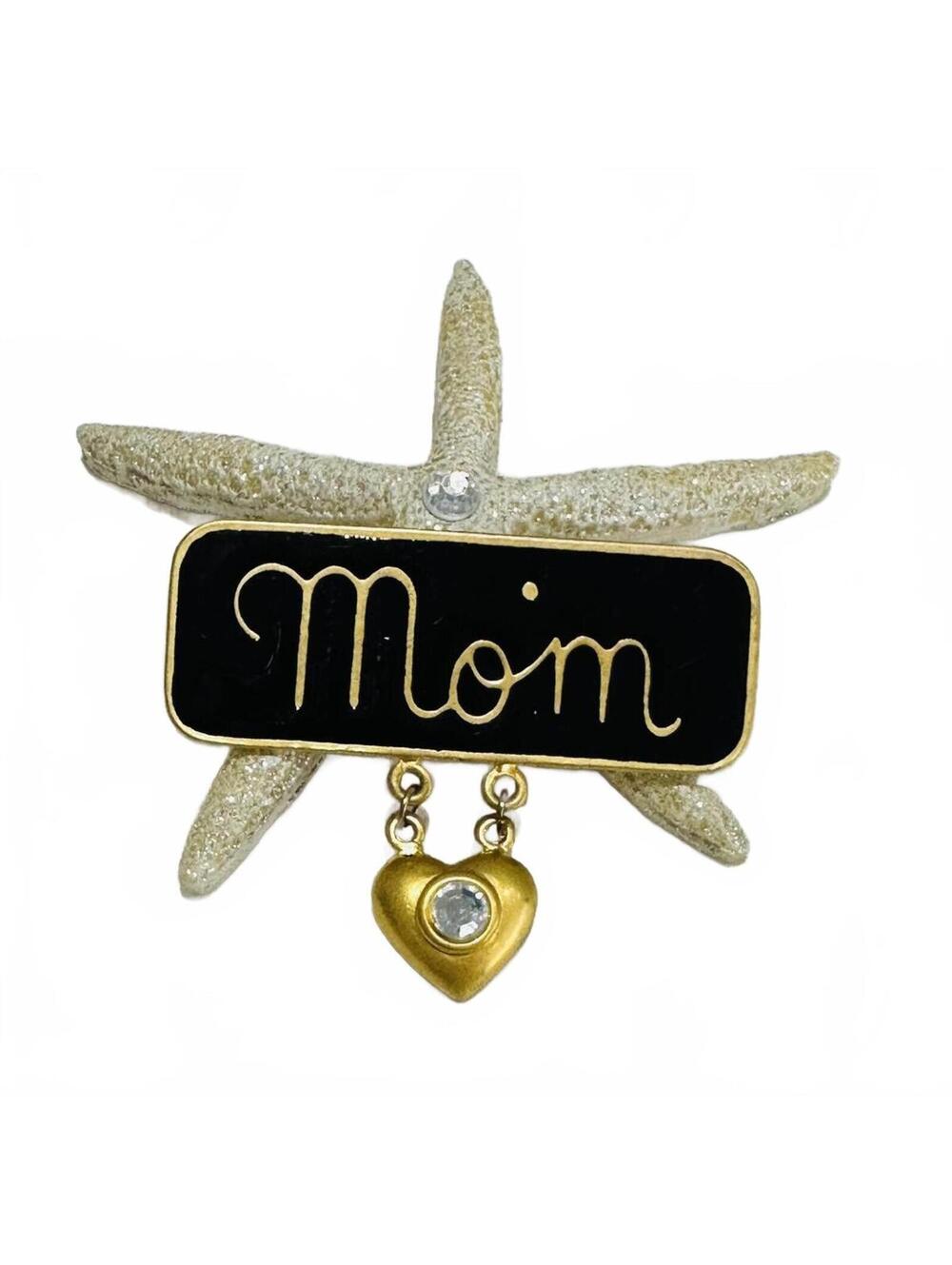 Vintage 'Mom' Black and Gold Brooch with Heart Rhinestone Charm